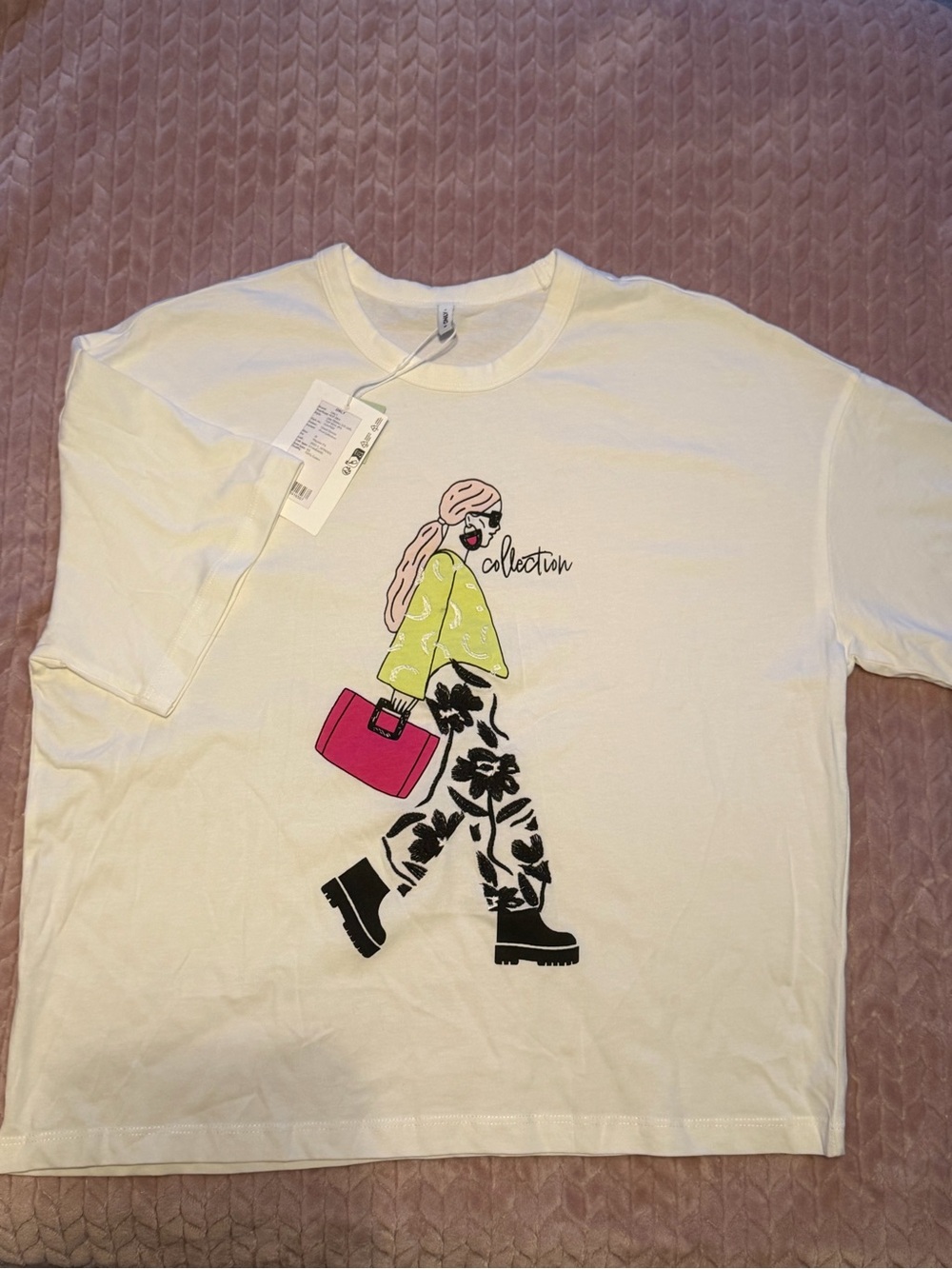 Women’s Enbroidered Graphic Tee with Pink Bag Illustration - White